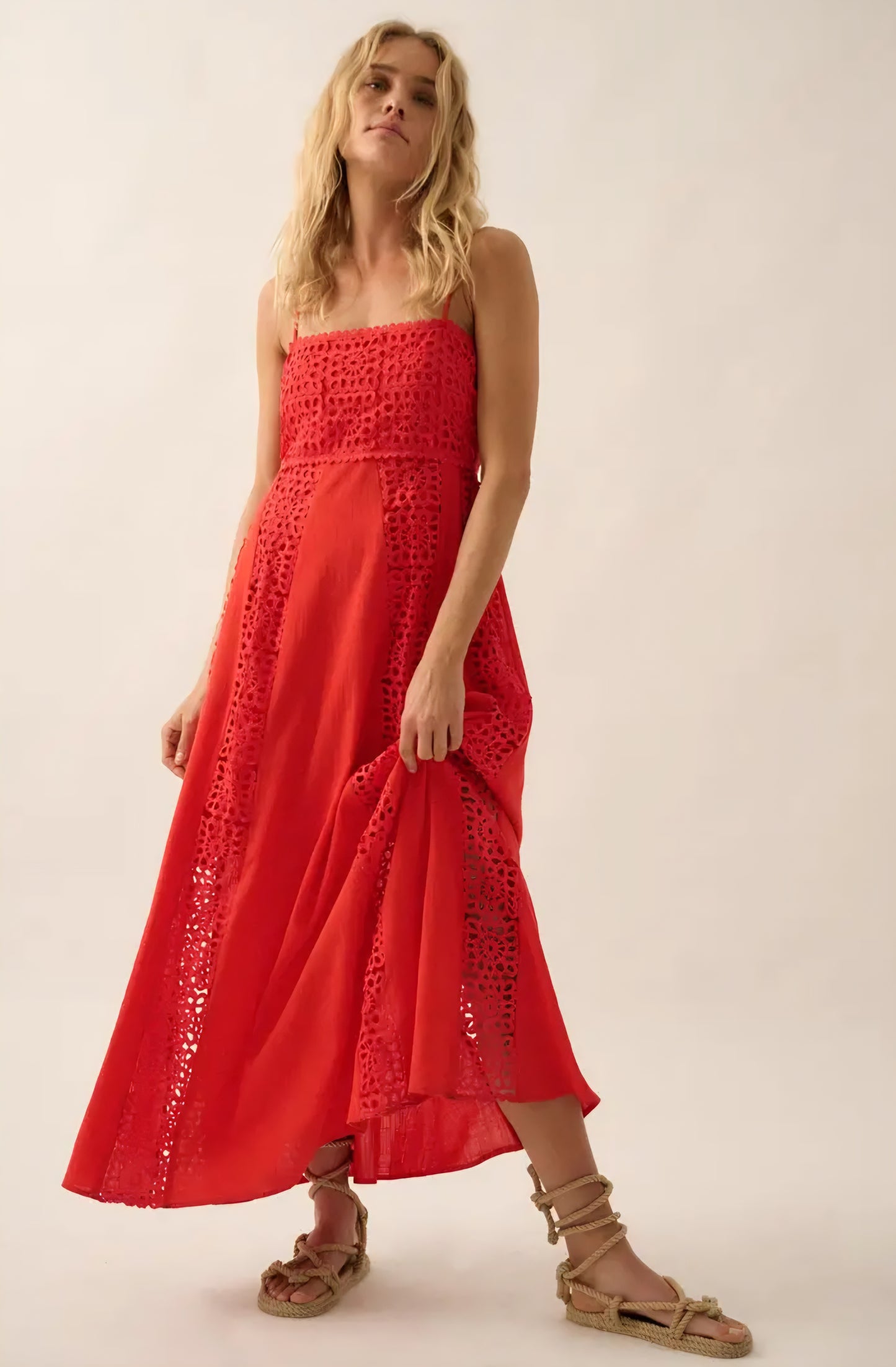 A New Arrival              Crochet Lace and Crepe Paneled Maxi Dress