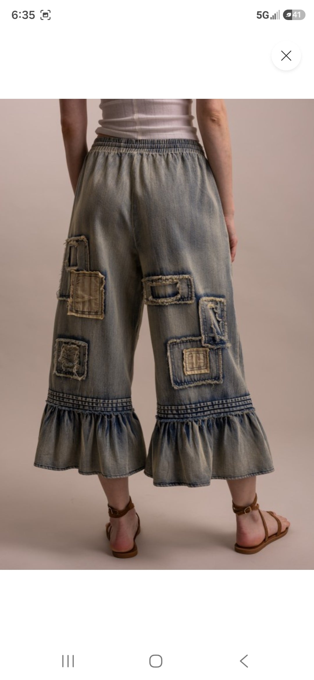 A New Arrival EMBROIDERY PATCHWORK RUFFLE HEM CROPPED PANTS