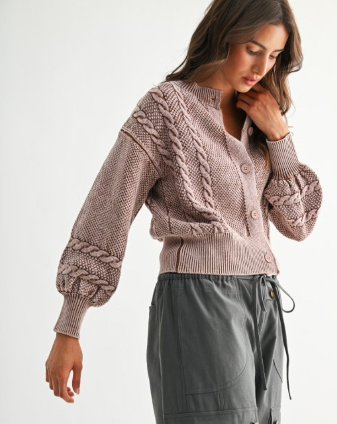 Washed Blended Brown Cable Knit Cardigan