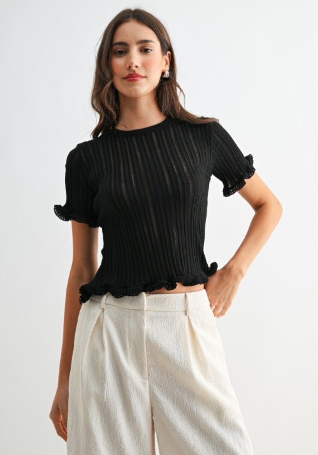 Ribbed Short Sleeve Knit Top With Ruffle Trim
