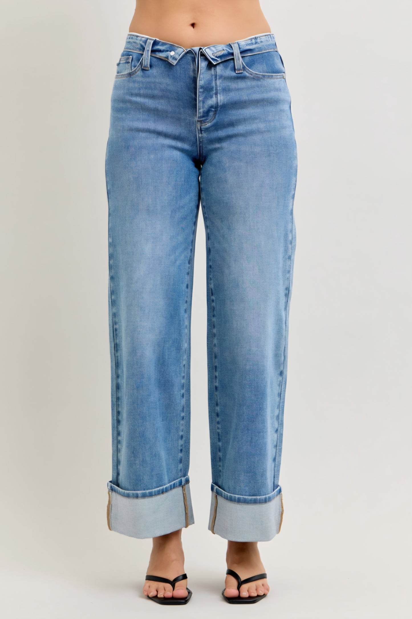 Judy Blue Mid Rise Straight leg w/Fold over Waistband and Cuffed leg