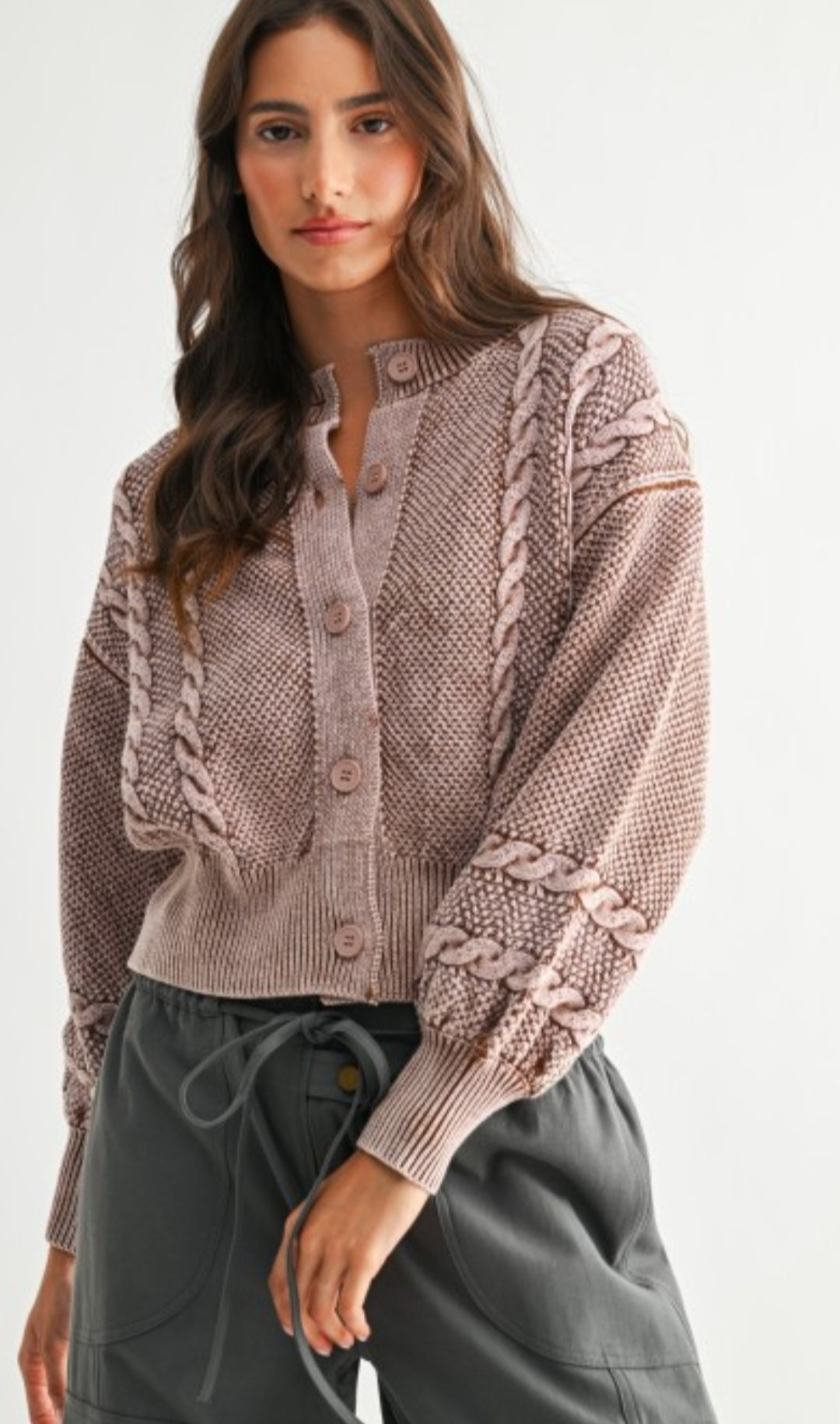 Washed Blended Brown Cable Knit Cardigan