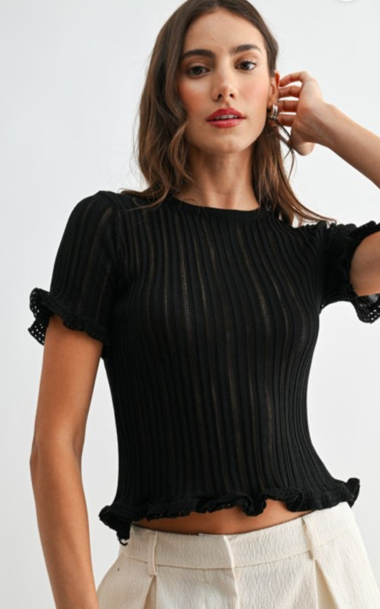 Ribbed Short Sleeve Knit Top With Ruffle Trim