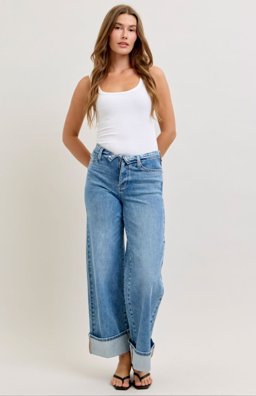 Judy Blue Mid Rise Straight leg w/Fold over Waistband and Cuffed leg